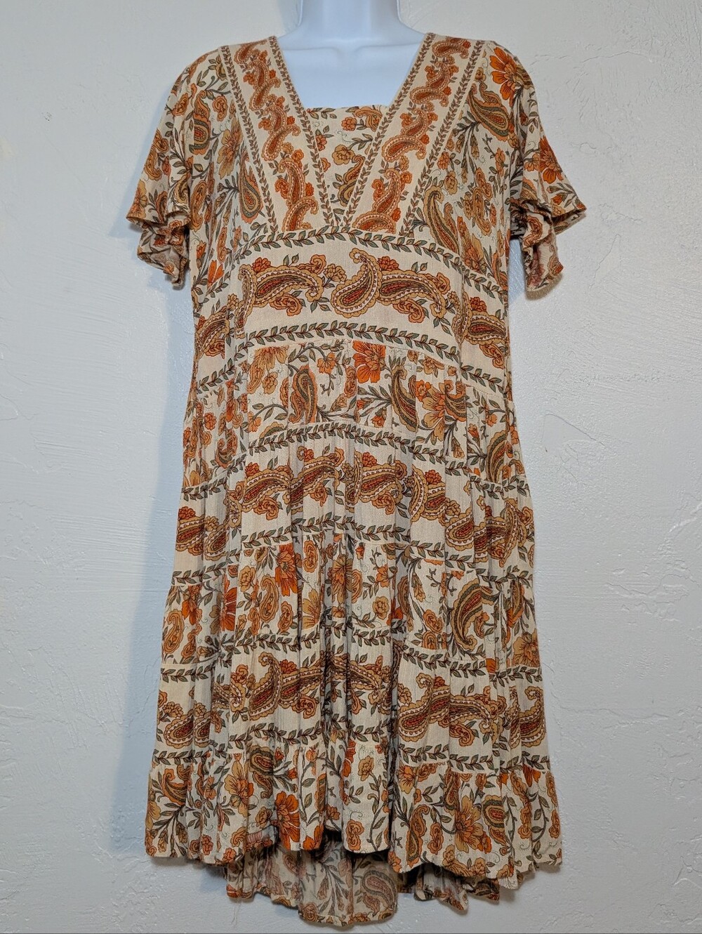Orange Boho Paisley Tiered Flowy Summer Dress Lightweight Breathable Festival